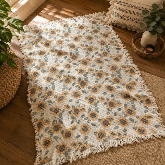 Other - Vintage Woven Sunflower Throw Blanket Fringed Cotton Tapestry 68x48 Farmhouse